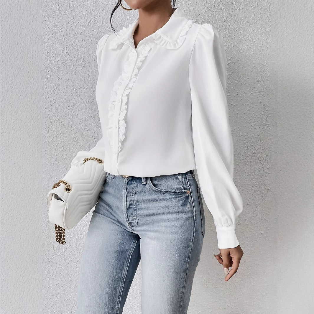 Women's Long-sleeved Temperament White Ruffled Puffed Sleeve Blouse