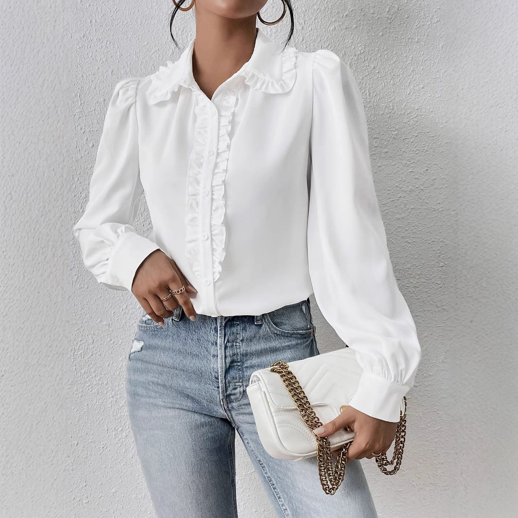 Women's Long-sleeved Temperament White Ruffled Puffed Sleeve Blouse