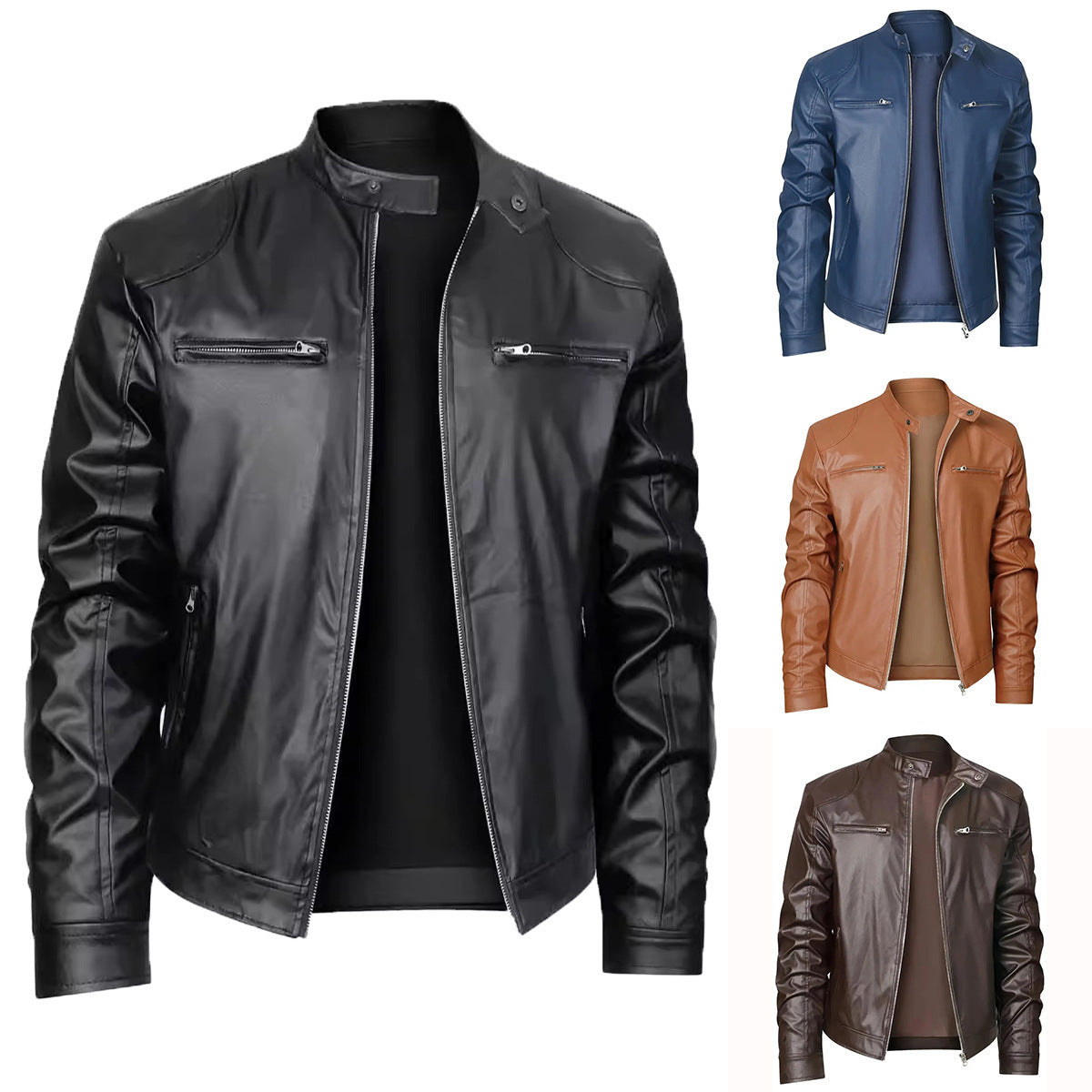 Men's Stand-up Collar Slim Fit Leather Jacket Zipper Pocket Decoration