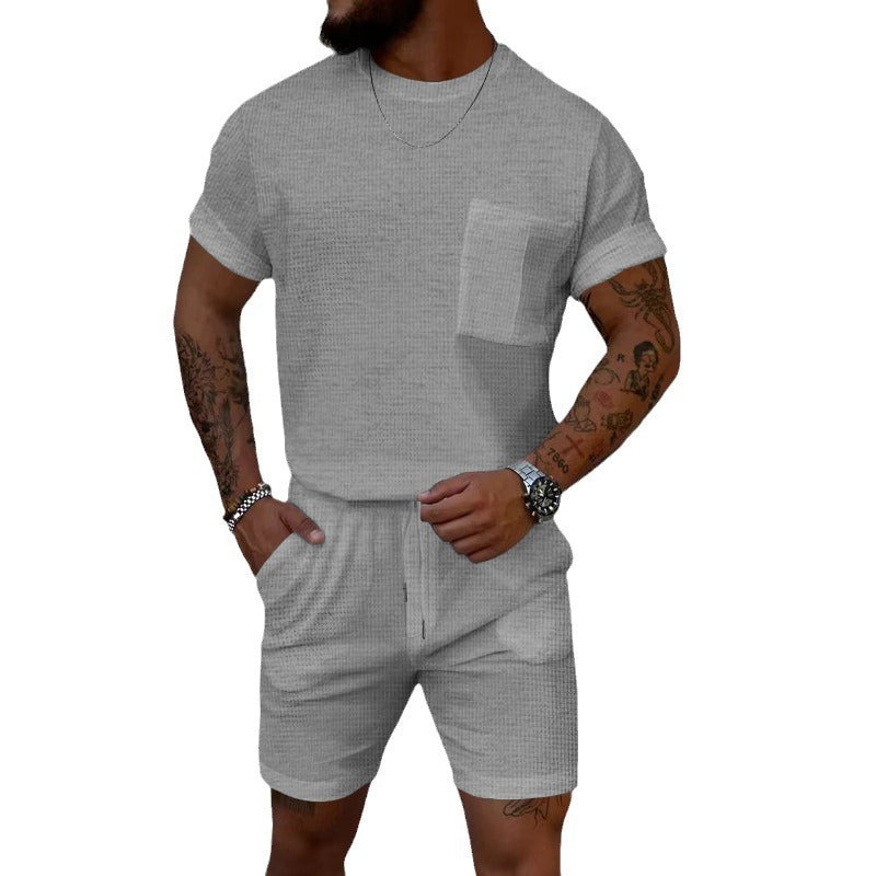 Waffle Round Neck Pocket Short-sleeved Shorts Casual Sports Suit