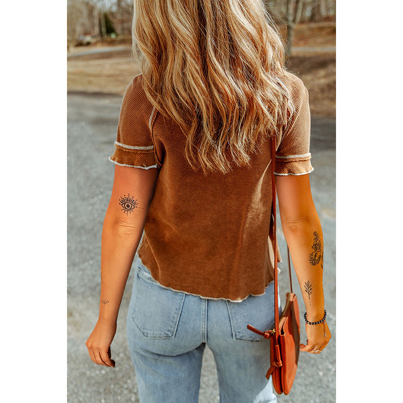 Women's Solid Color Waffle Knitted Pullover
