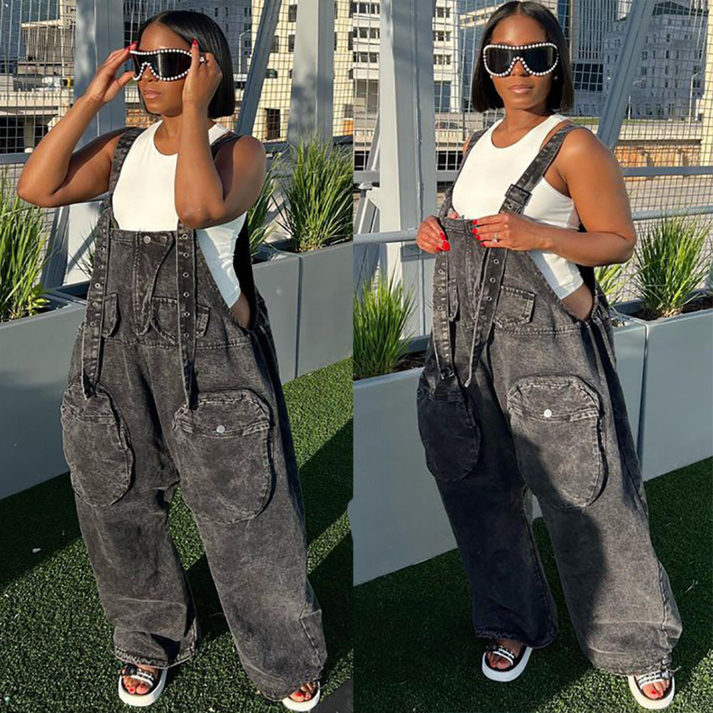 Women's Fashion Personality Street Large Pocket Wide Leg Pants