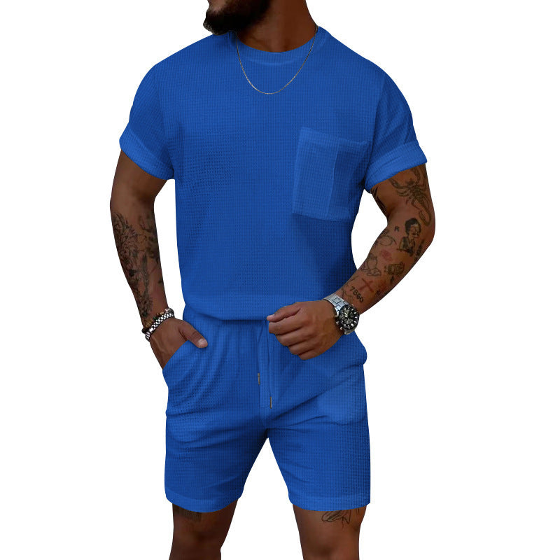 Waffle Round Neck Pocket Short-sleeved Shorts Casual Sports Suit