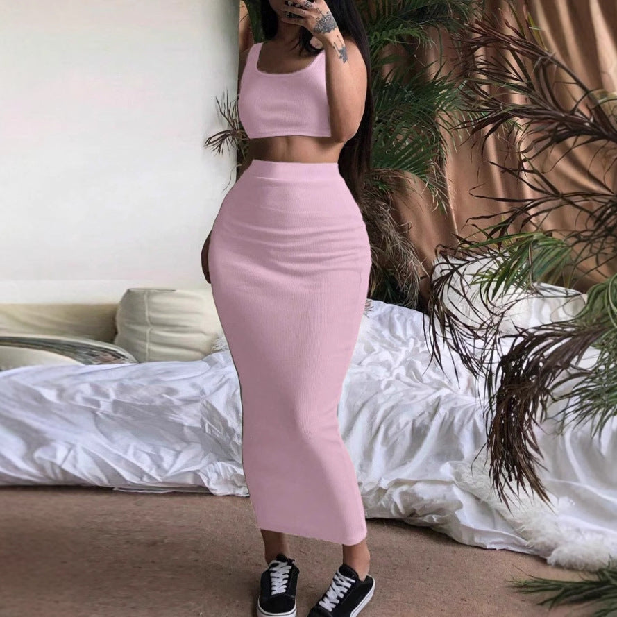 Women's Solid Color Fashion Slim-fit Round Neck Sleeveless Dress Suit