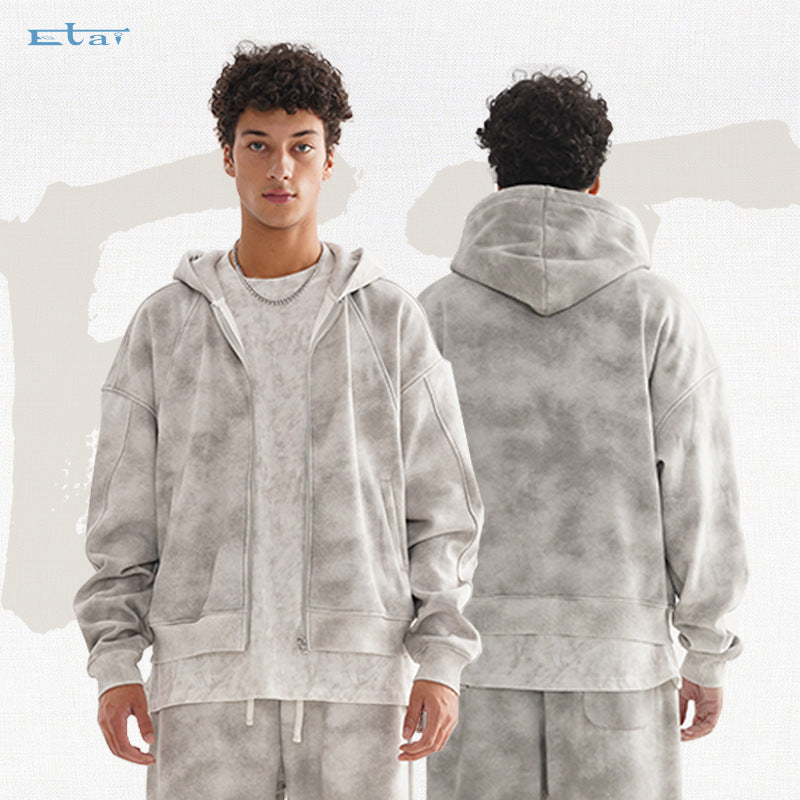 Men's Heavy Distressed Hoodie Zipper Sweater