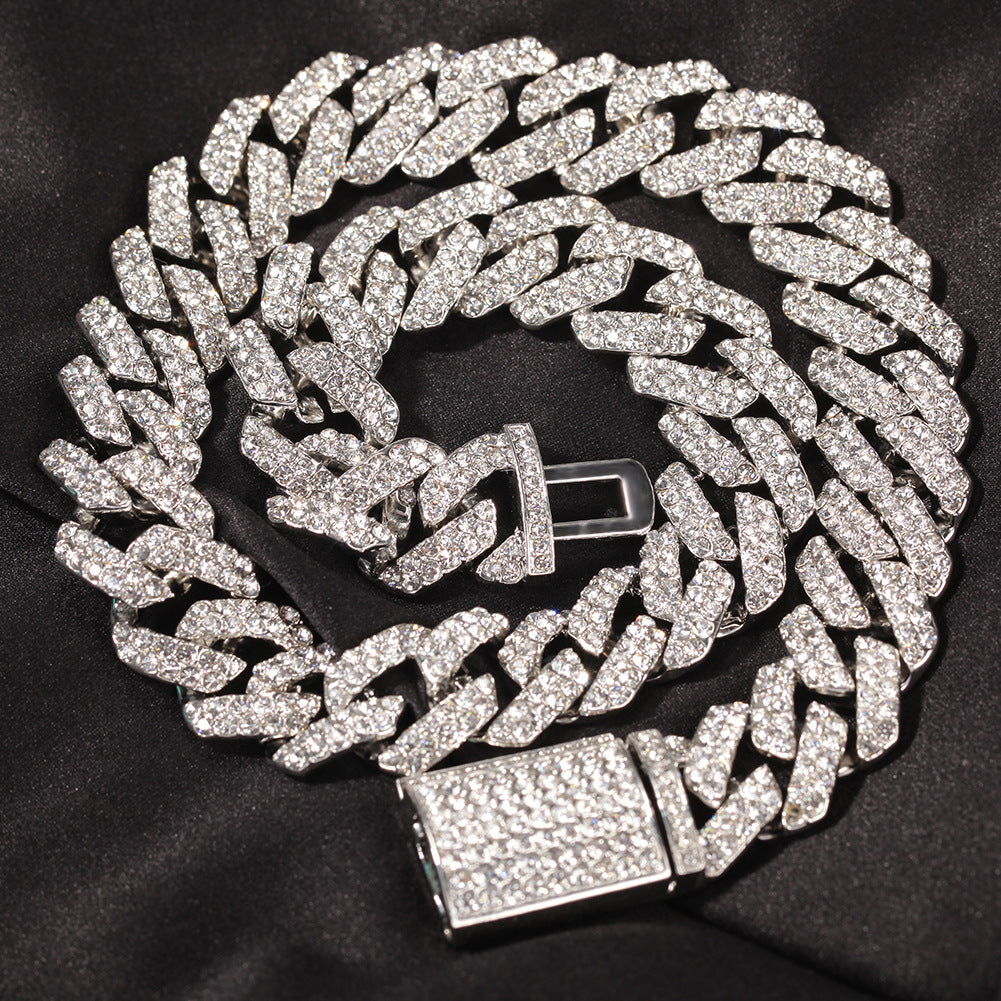 Trendy 18mm Silver Cuban Diamond Alloy Necklace