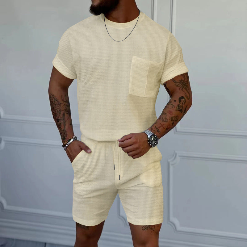 Waffle Round Neck Pocket Short-sleeved Shorts Casual Sports Suit