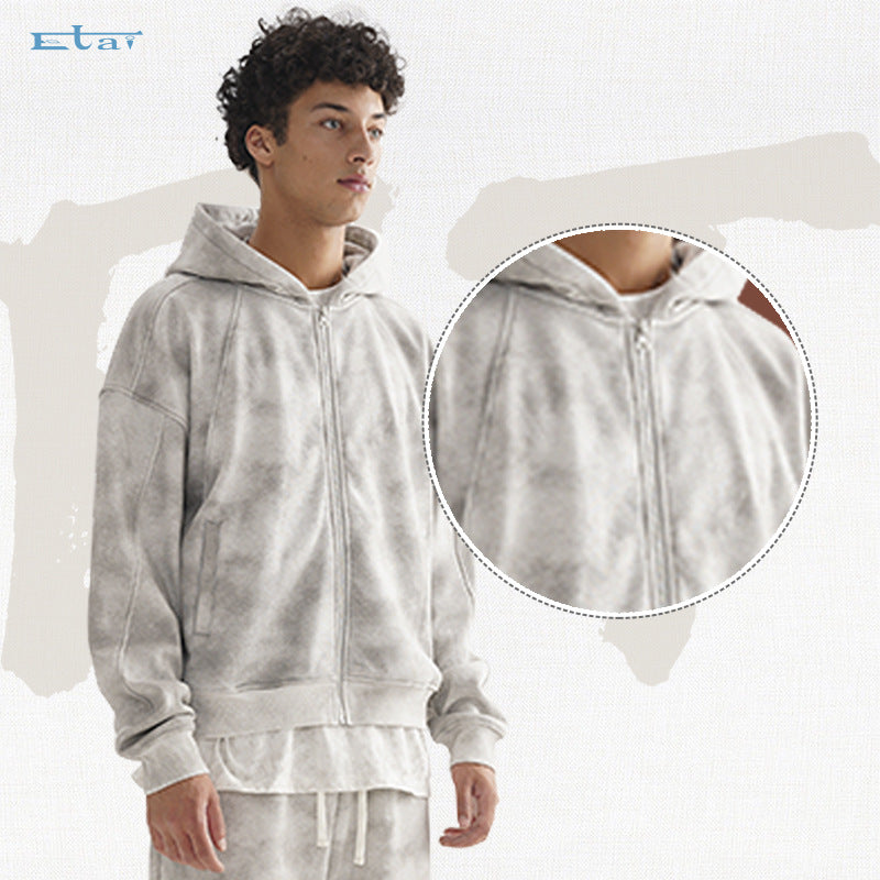 Men's Heavy Distressed Hoodie Zipper Sweater