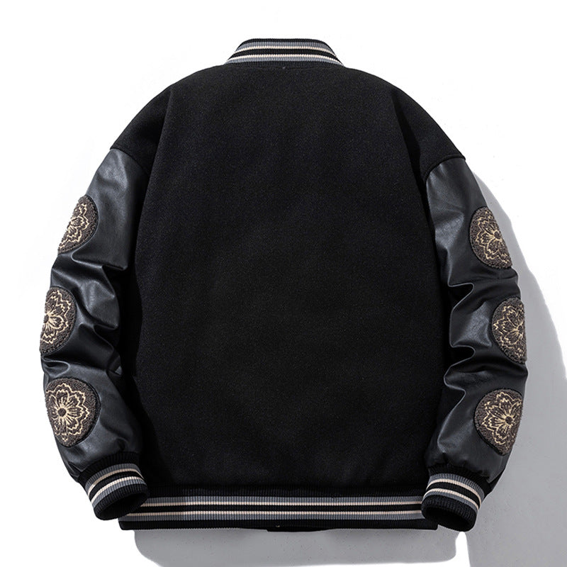 Woolen Baseball Uniform Loose Embroidered PU Jacket