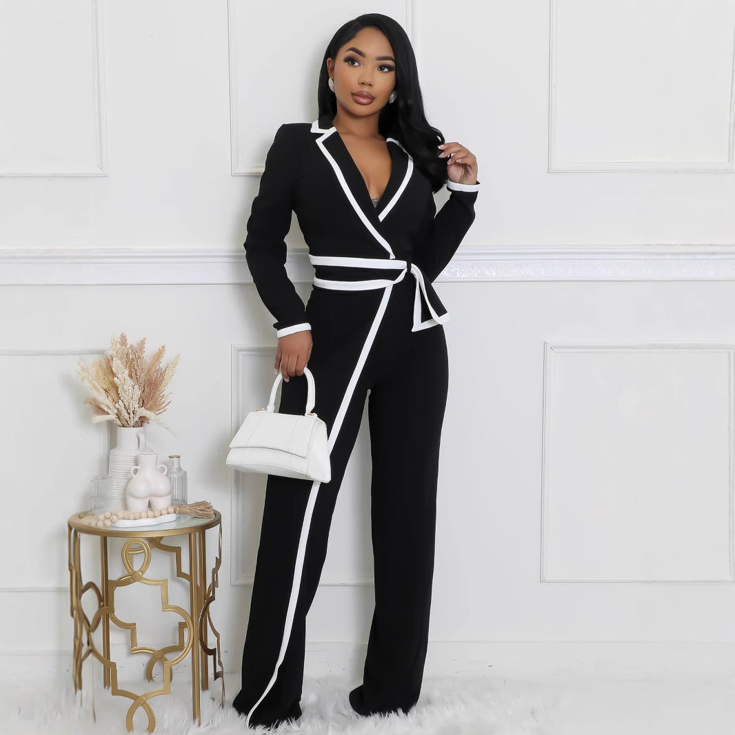 Fashion Belt Design Dual-color Patchwork Long Sleeve Jumpsuit