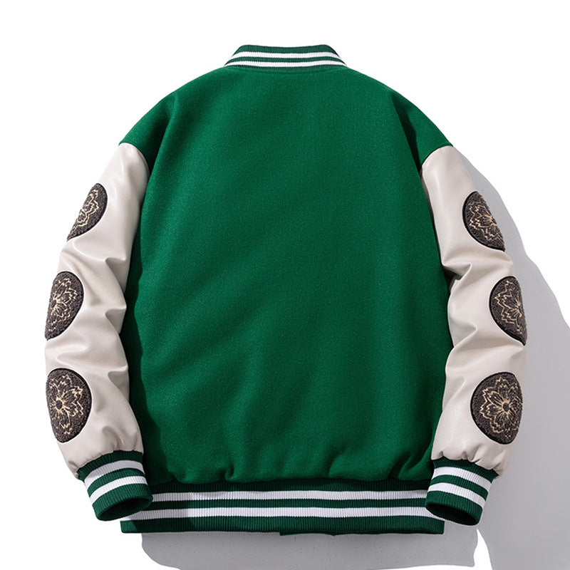 Woolen Baseball Uniform Loose Embroidered PU Jacket