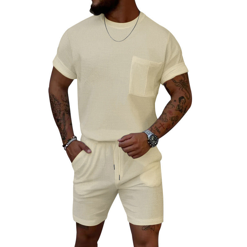 Waffle Round Neck Pocket Short-sleeved Shorts Casual Sports Suit