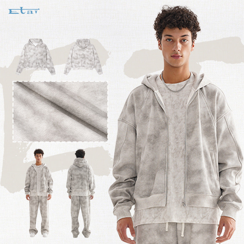 Men's Heavy Distressed Hoodie Zipper Sweater