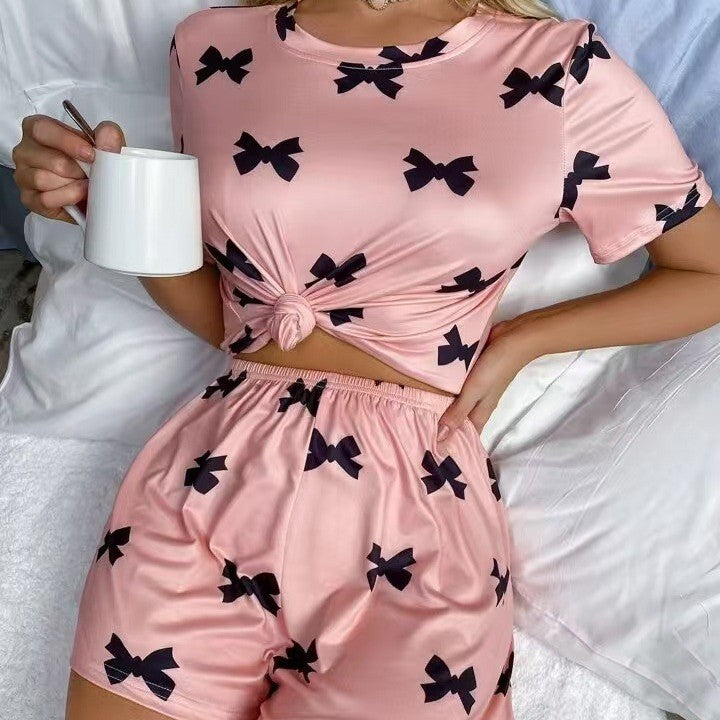 Round Neck T-shirt Pajamas Shorts Sweet Two-piece Set Suit