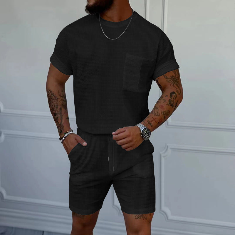 Waffle Round Neck Pocket Short-sleeved Shorts Casual Sports Suit