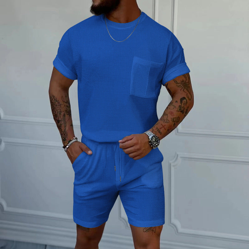 Waffle Round Neck Pocket Short-sleeved Shorts Casual Sports Suit