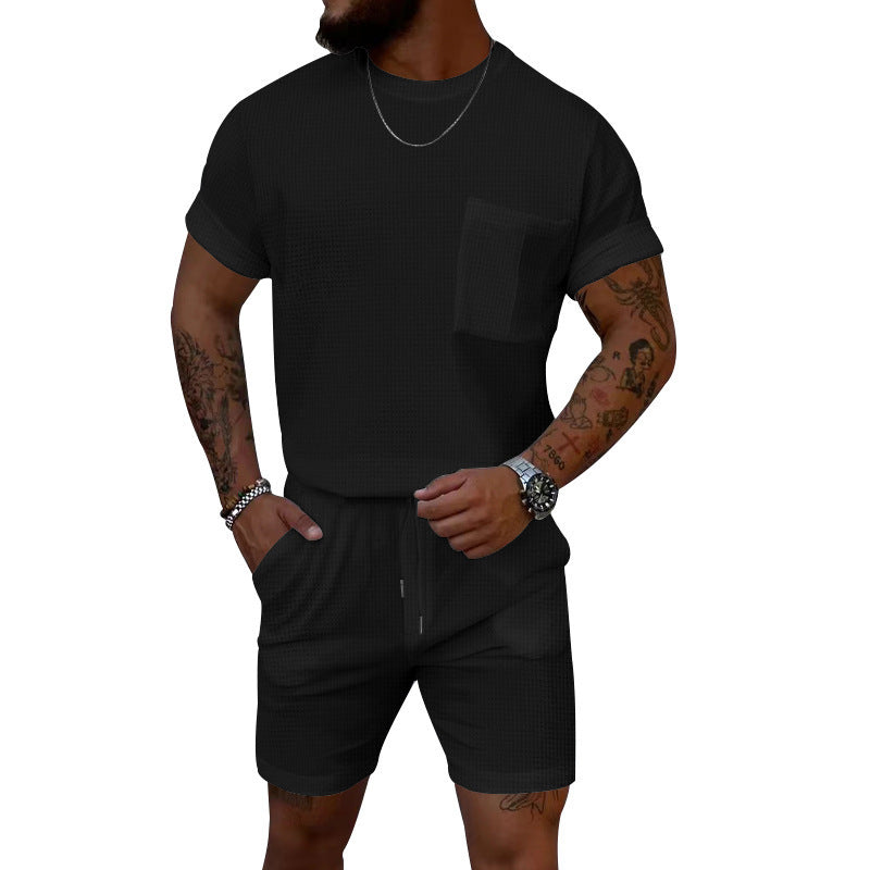 Waffle Round Neck Pocket Short-sleeved Shorts Casual Sports Suit