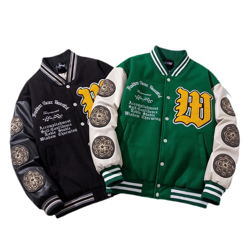 Woolen Baseball Uniform Loose Embroidered PU Jacket