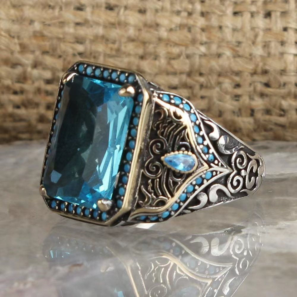 Retro National Style Texture Inlaid Red And Green Zircon Ring