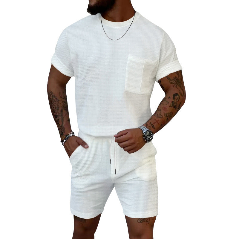 Waffle Round Neck Pocket Short-sleeved Shorts Casual Sports Suit