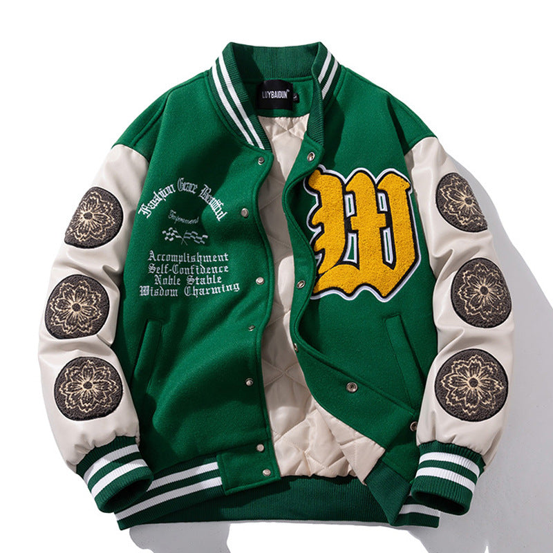 Woolen Baseball Uniform Loose Embroidered PU Jacket