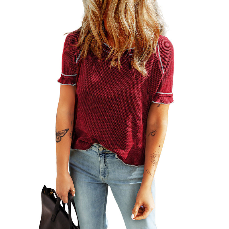 Women's Solid Color Waffle Knitted Pullover
