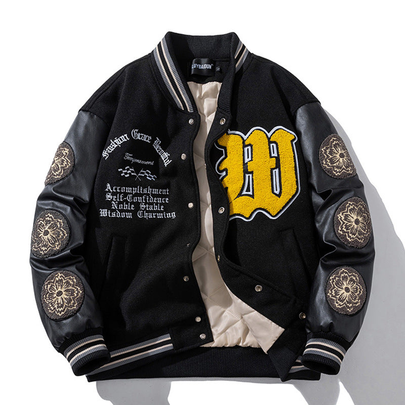 Woolen Baseball Uniform Loose Embroidered PU Jacket