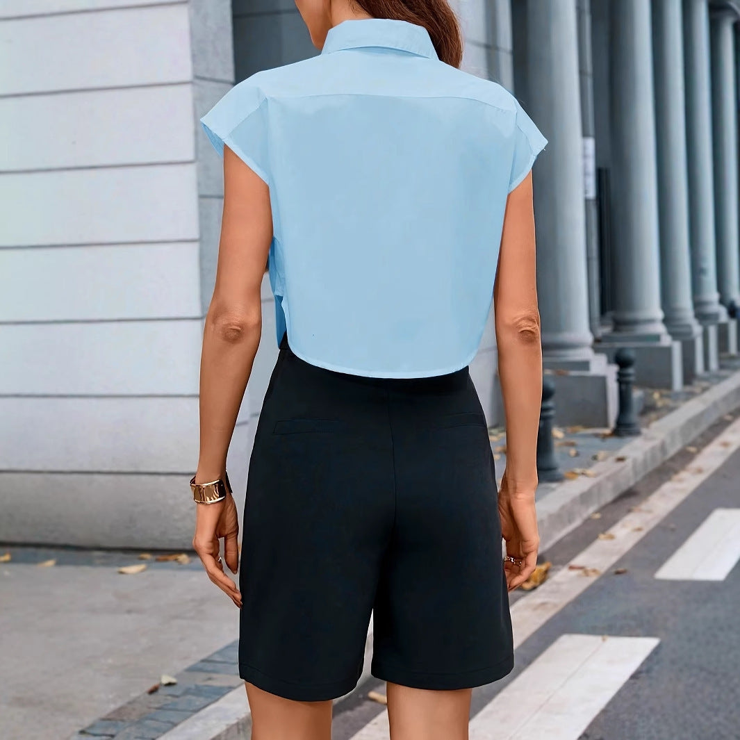 Solid Color Summer New Style Fake Pocket Raglan Short Women's Shirt