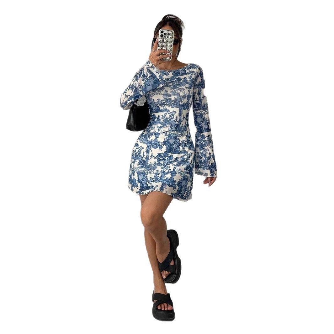 Printed Flare Sleeve Backless Mesh Dress
