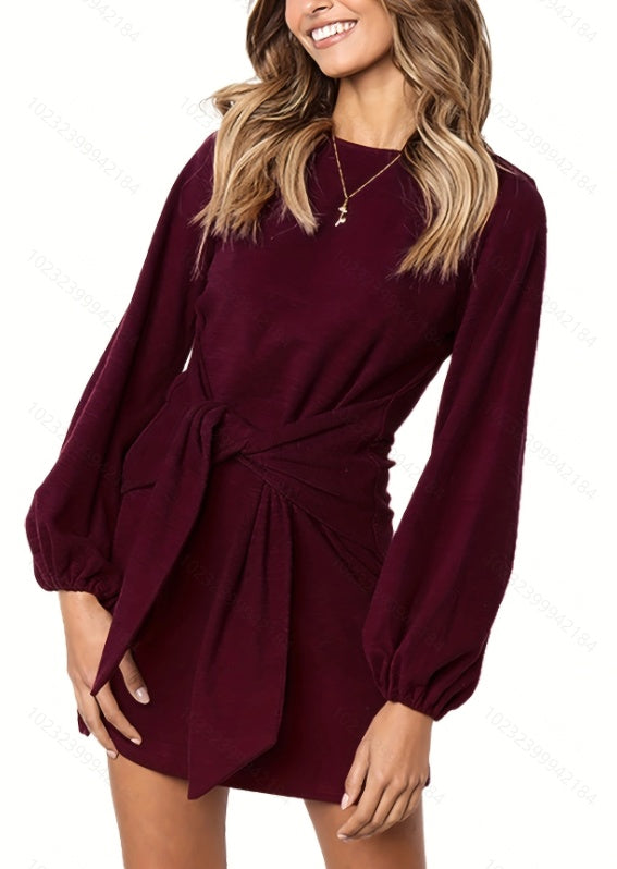 Solid Tie Waist Crew Neck Dress, Elegant Slim Lantern Sleeve Dress For Spring & Fall, Women's Clothing