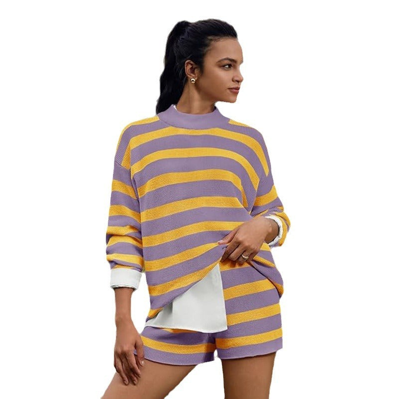 Women's Casual Fashion 2-piece Set Long Sleeve Loose Striped Top