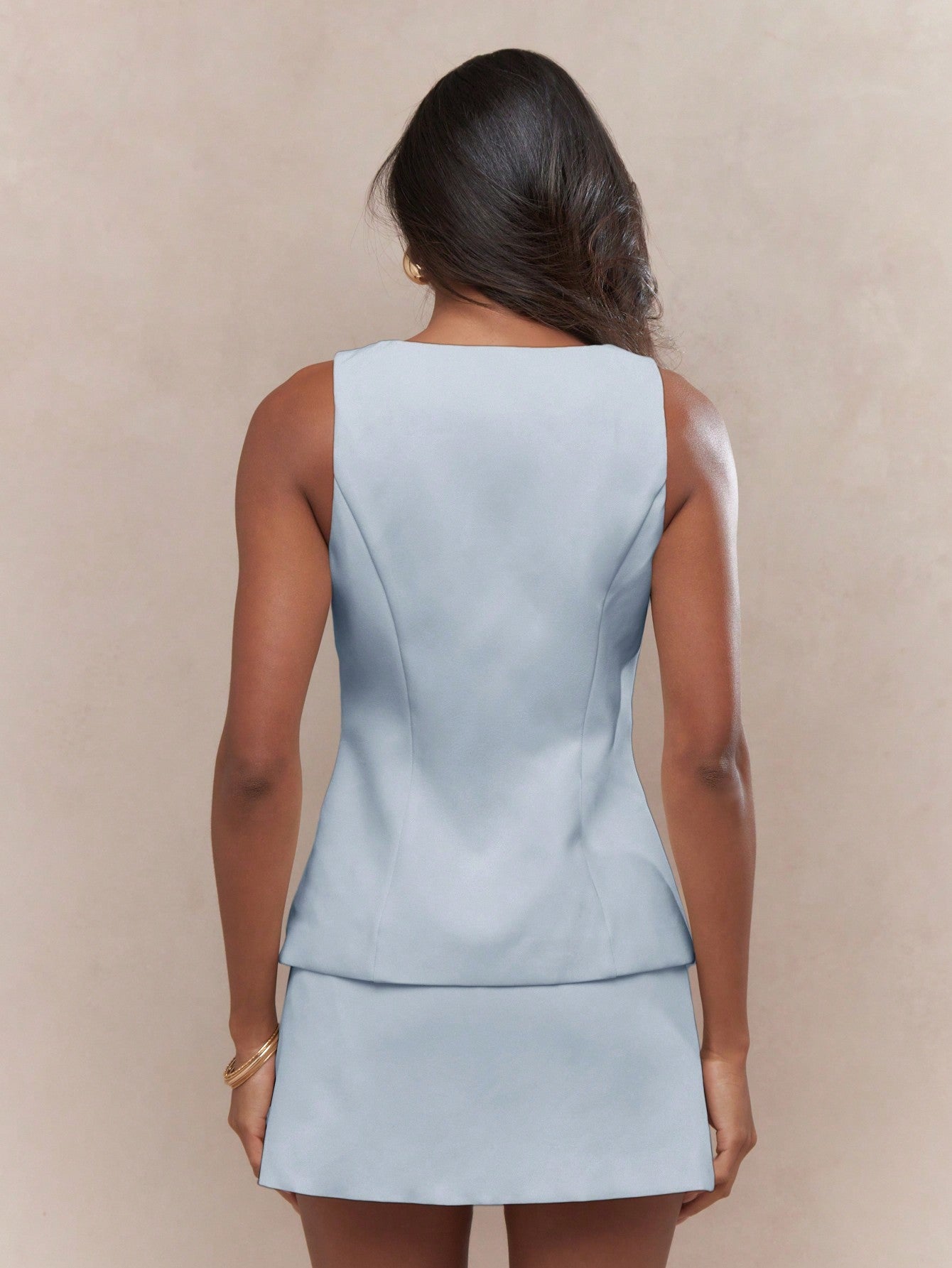 Buttoned Square Neck Sleeveless Vest And Mini Skirt Two Piece Co-Ord Set