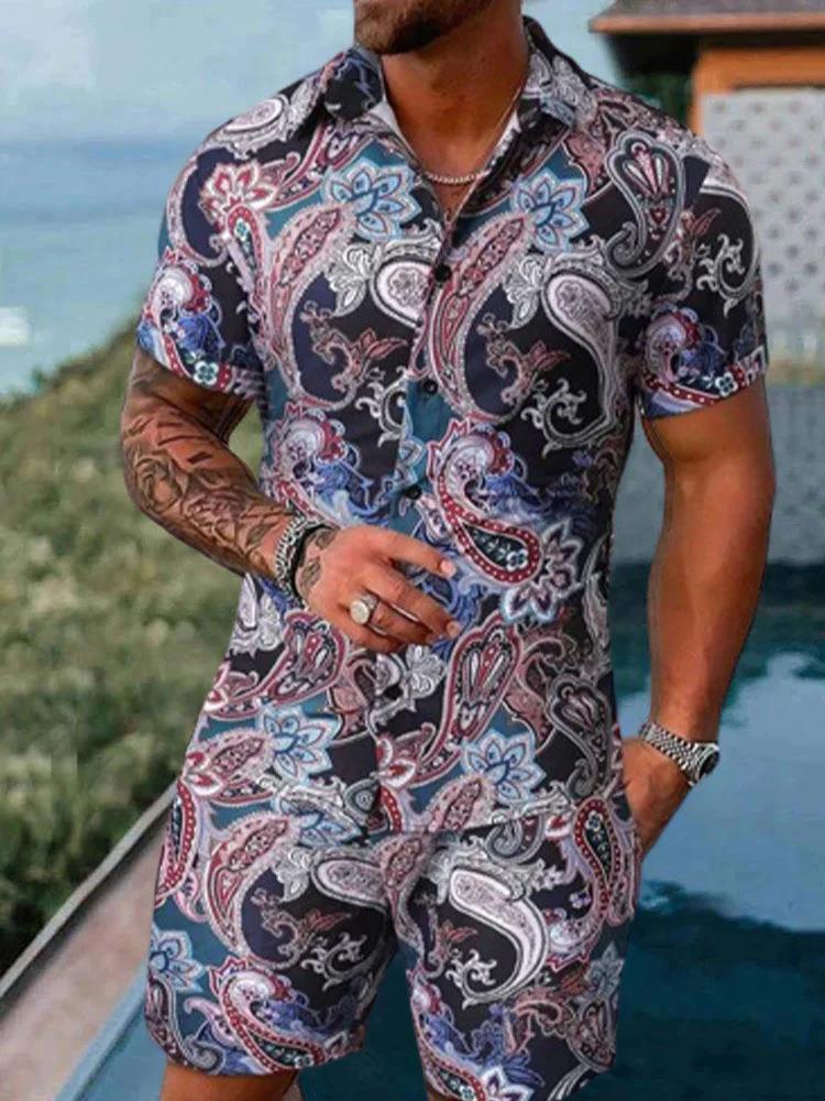 Men's New Polo Collar 3D Printed Casual Slim Fit Shirt Shorts Suit