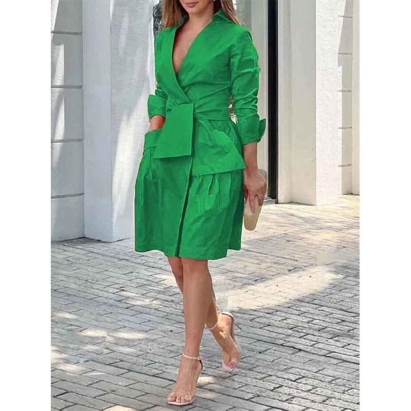 Commuter V-neck Lace-up Pocket Business Suit And Dress