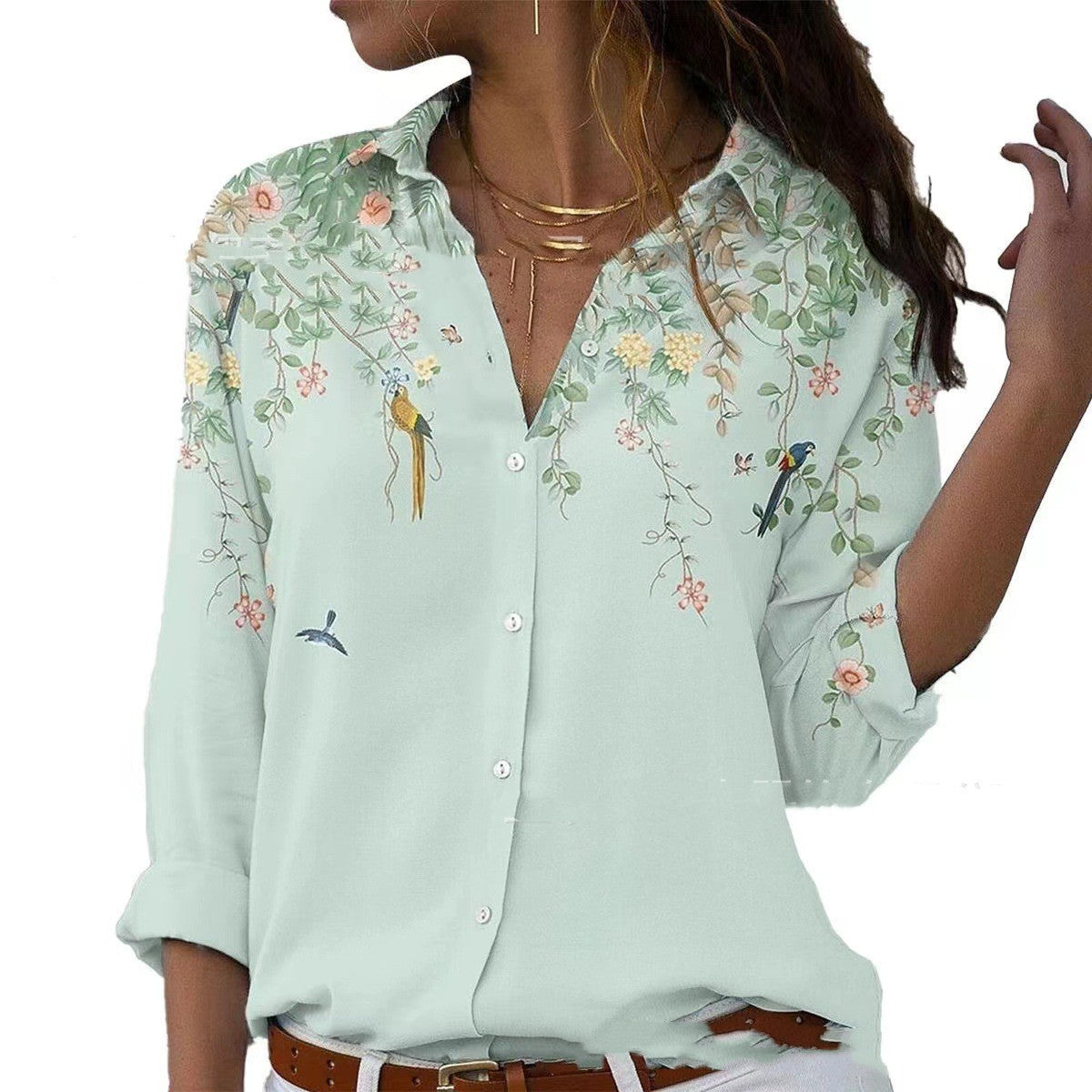 Fashion Printing Lapel Long Sleeve Shirt For Women