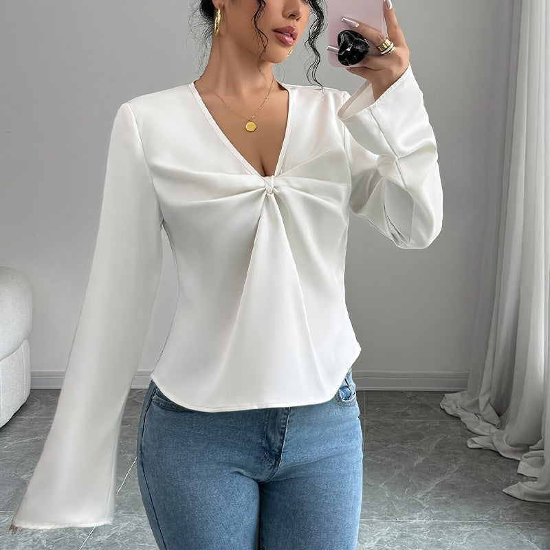 Women's Elegant Solid Color V-neck Ruffled Front Flared Sleeve Shirt