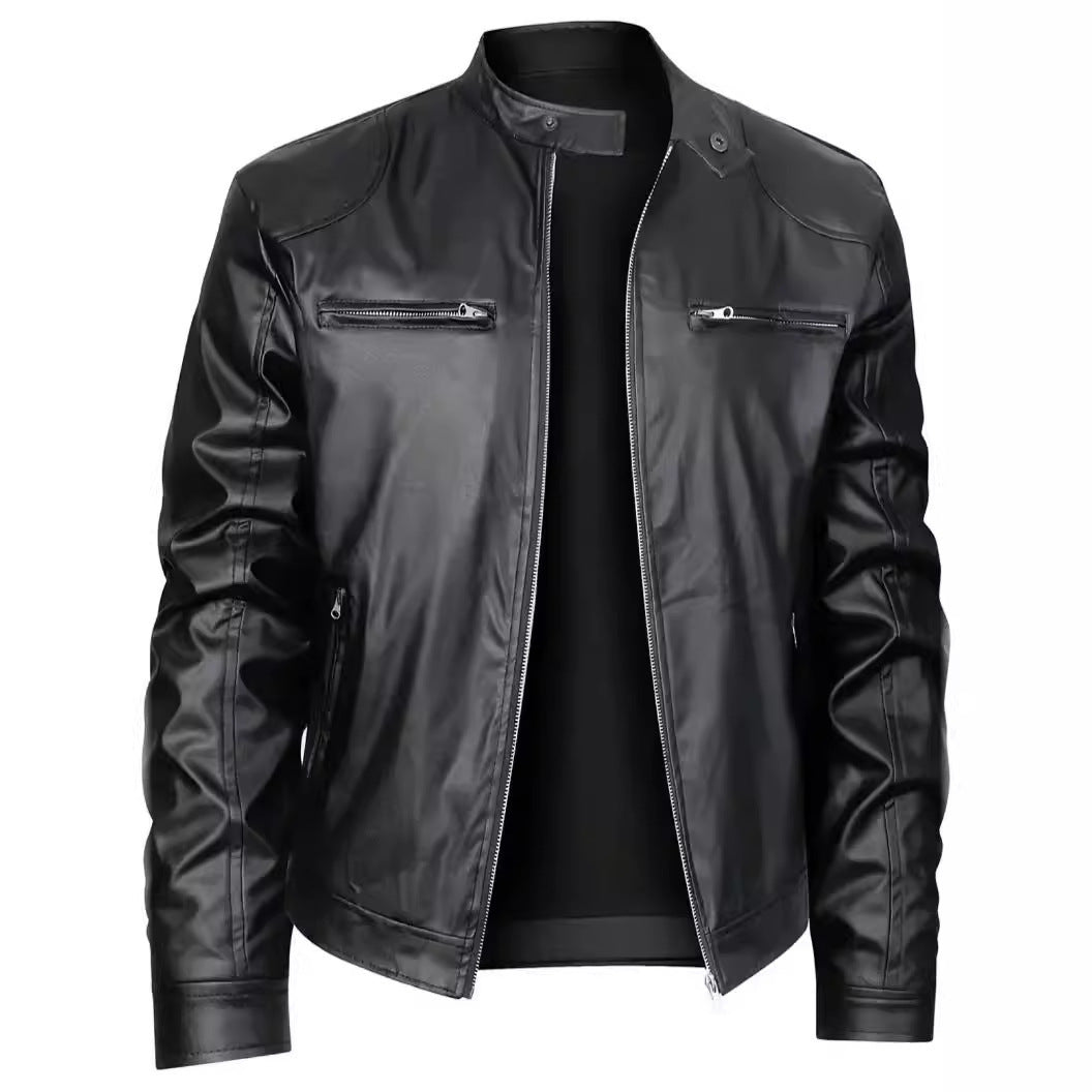 Men's Stand-up Collar Slim Fit Leather Jacket Zipper Pocket Decoration