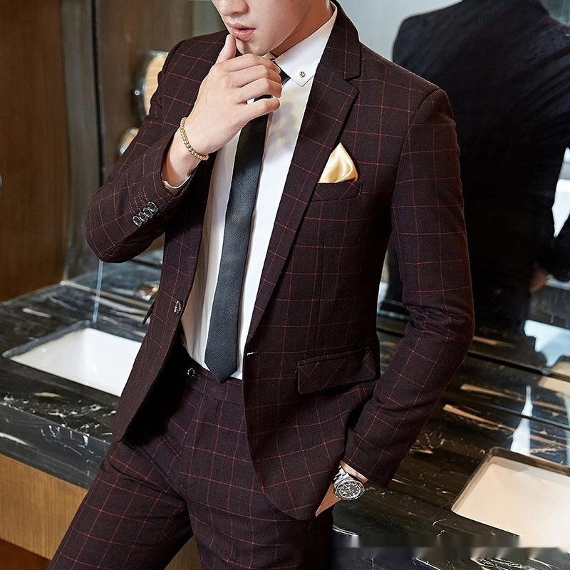 Men's Business Suit Slim-fit Plaid Casual Wear