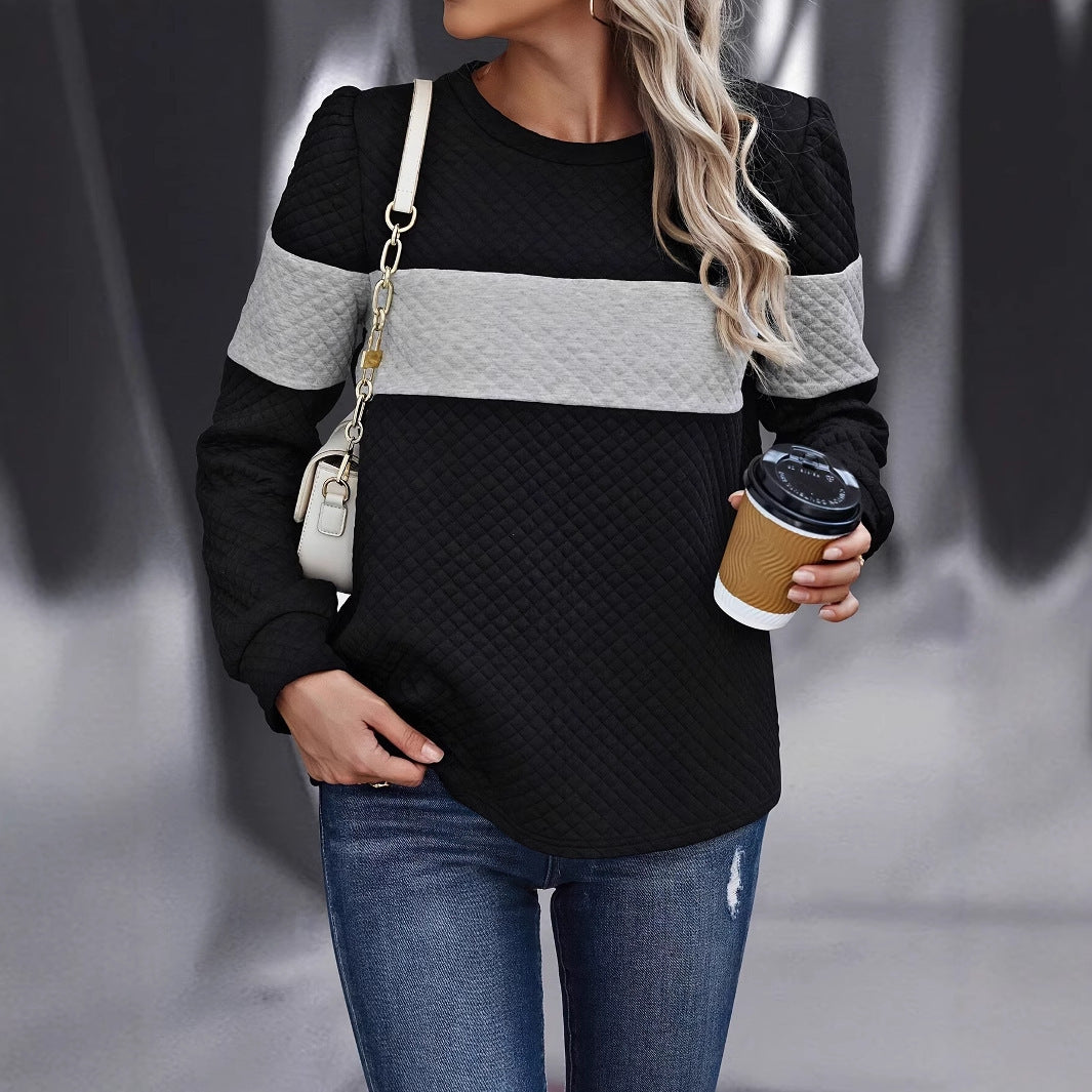Women's Spring And Autumn Leisure Loose Color Contrast Round Neck Long Sleeve Texture Hoodie