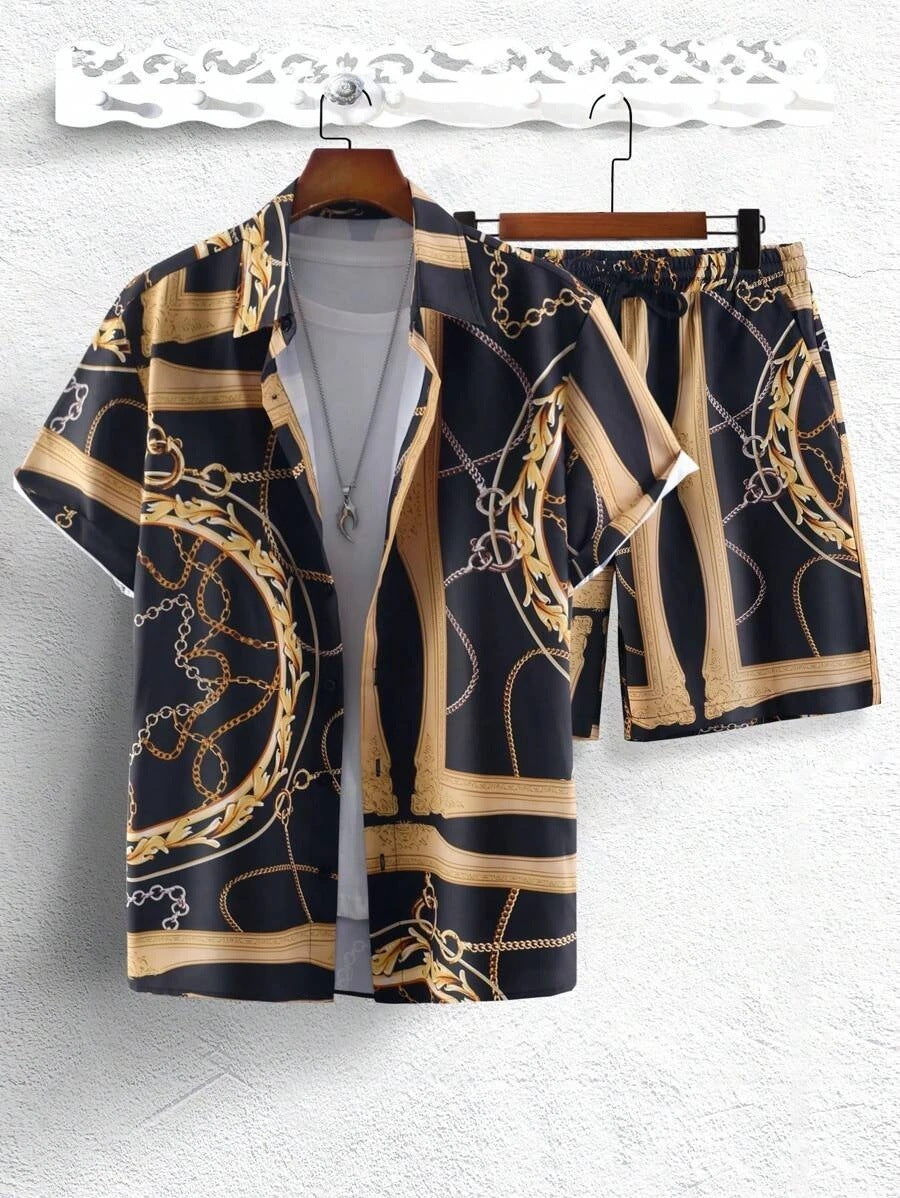 Gold Luxury Chain 3D Digital Printing Shirt Shorts Suit