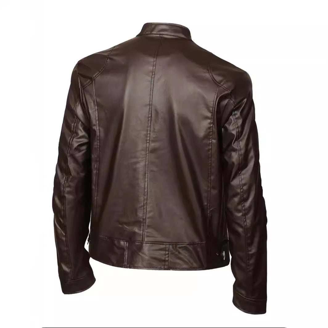 Men's Stand-up Collar Slim Fit Leather Jacket Zipper Pocket Decoration