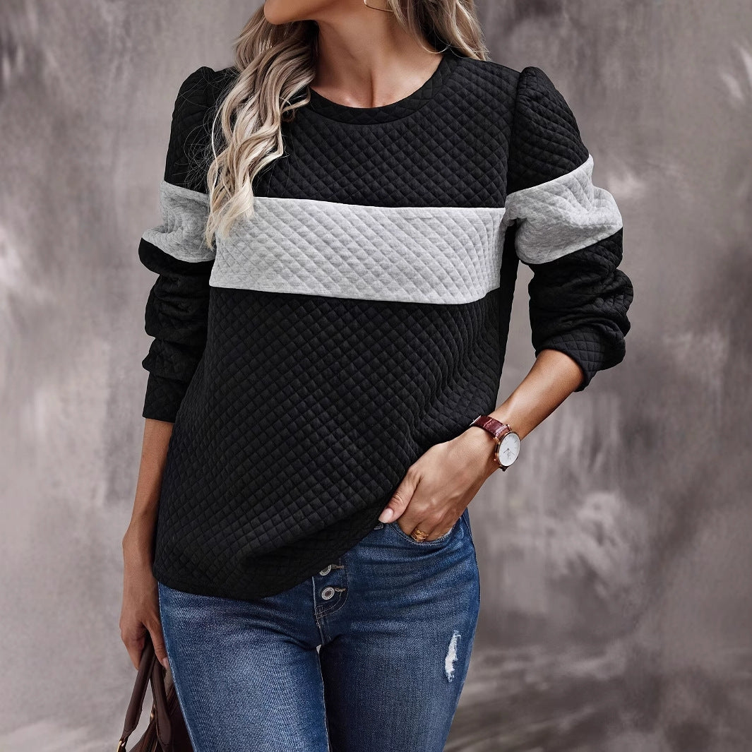 Women's Spring And Autumn Leisure Loose Color Contrast Round Neck Long Sleeve Texture Hoodie