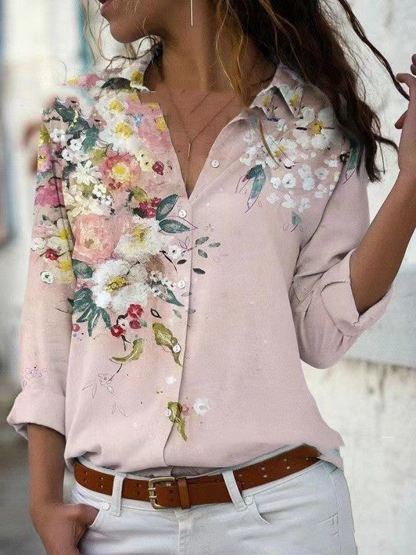 Fashion Printing Lapel Long Sleeve Shirt For Women