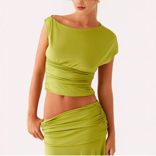 Cropped Pleated Slim-fit Sheath Skirt Suit