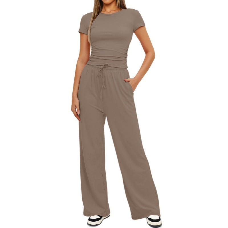 Fashion Casual Set Pleated Short Sleeves Top And Trousers