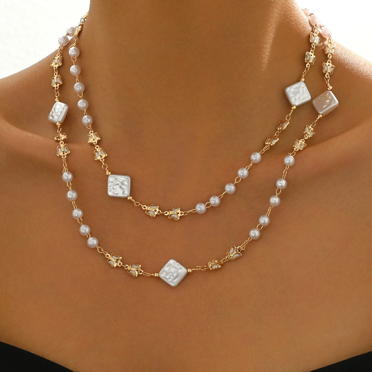 Elegant Double Layer Pearl And Square Bead Necklace - Stylish And Feminine Jewelry For Young Women