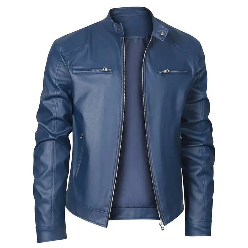 Men's Stand-up Collar Slim Fit Leather Jacket Zipper Pocket Decoration