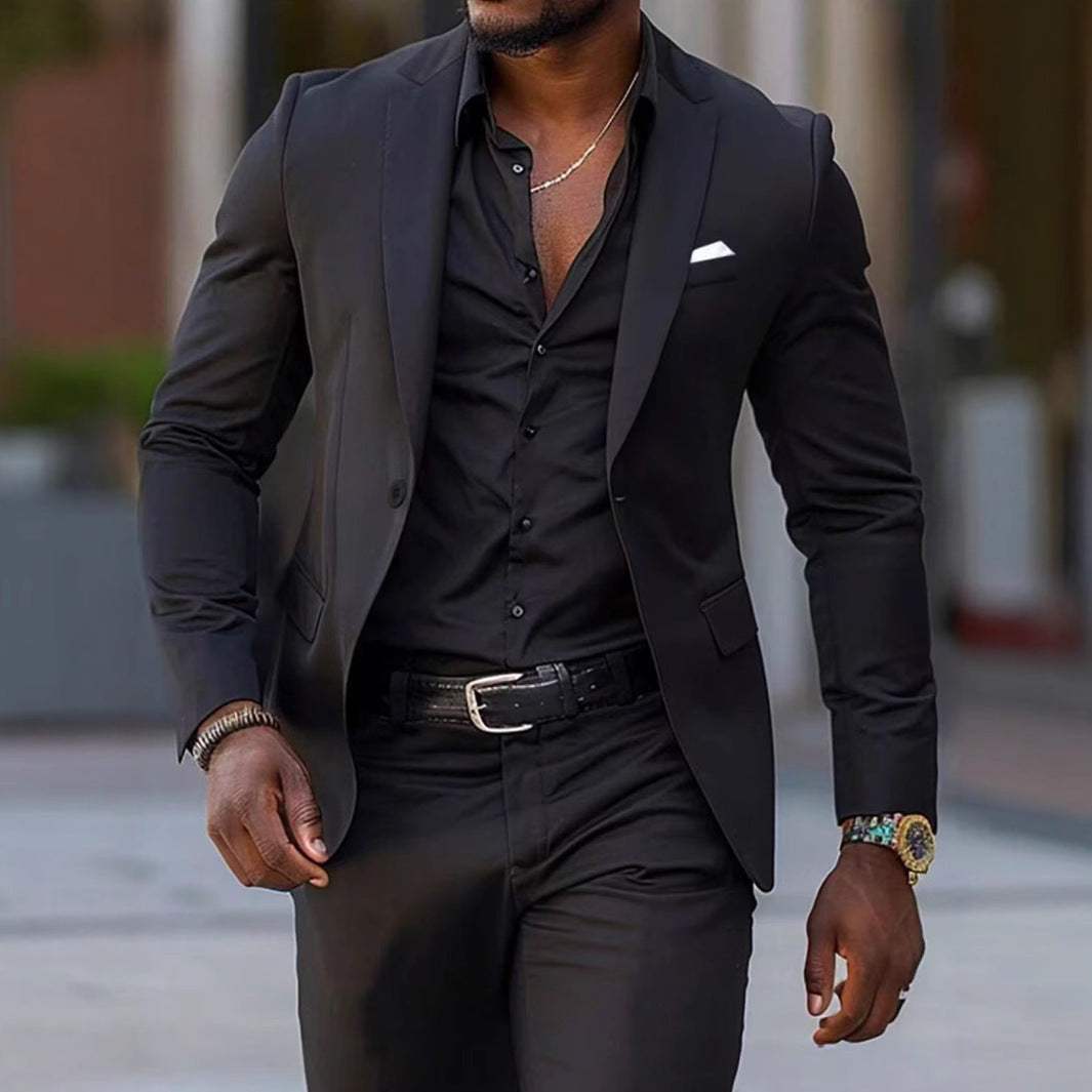 Two-piece Solid Color Slim-fit Coat Suit Pants