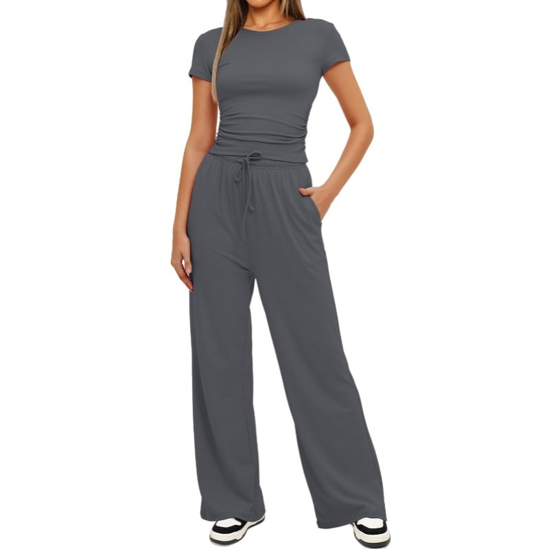 Fashion Casual Set Pleated Short Sleeves Top And Trousers