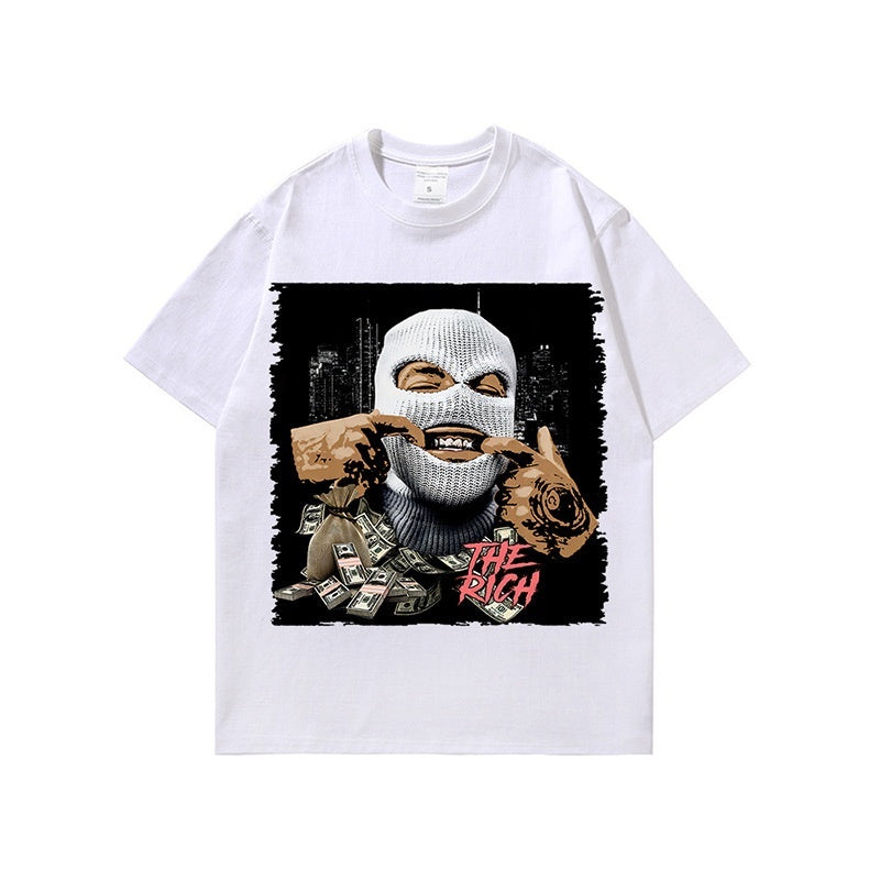 American Retro Spoof Oil Painting Digital Printing Distressed Washed Short-sleeved T-shirt For Men